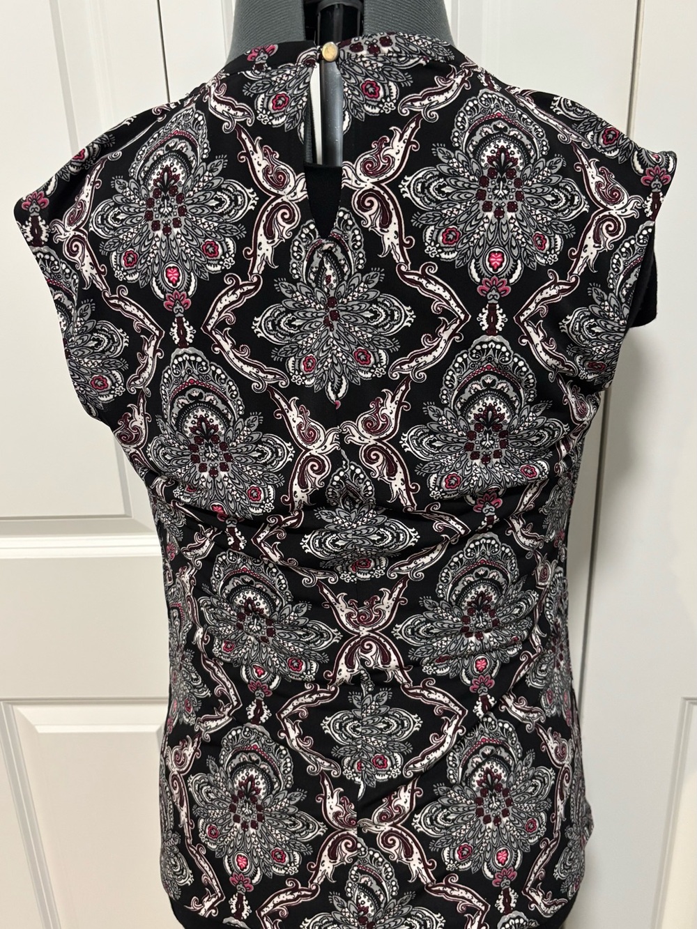 White House Black Market Black Paisley Top with Pink Accents